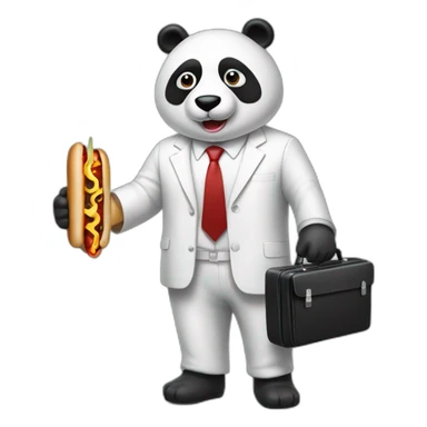A professor with white suit and red tie and a panda face eating a hotdog and holding a black suitcase sticker