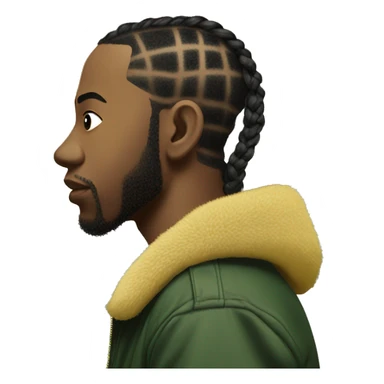 Side profile of a hip hop artist with braids. His arm is pointing down. He's wearing a puffy dark green jacket. The jacket has a furry yellow collar.  sticker