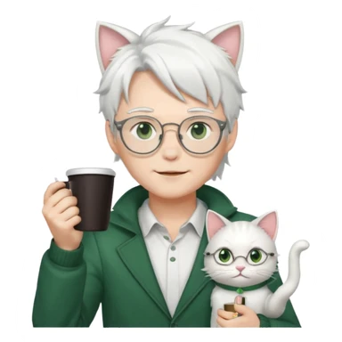 An anime guy with white hair, white cat ears, green eyes, and glasses, holding a coffee cup in his hand and waving sticker