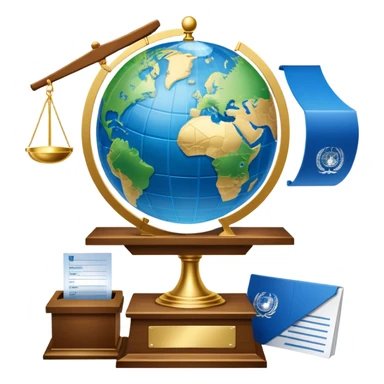 An icon featuring a podium with a speaker, a ballot box with a voting slip, and a globe, symbolizing political science. The design includes scales of justice and a world map in the background, representing governance and global politics. Transparent background highlights political analysis. sticker