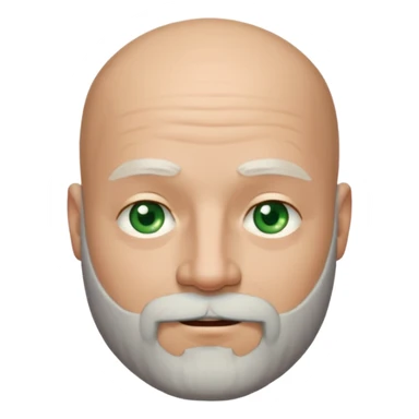 a man with light skin, a bald head, and a well-maintained beard that is darker at the top and greying towards the chin. He has striking light green eyes and a subtle, closed-mouth smile. The lighting highlights his face, and the background is softly blurred, suggesting an indoor setting. sticker