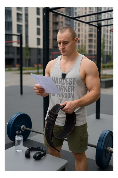 un uomo prepara con cura il suo set di pesi e la cintura per streetlifting, controllando una lista di esercizi e ripetizioni scritta su un foglio. Accanto a lui, una borraccia e delle cuffie. L’espressione è serena e sicura, a sottolineare l’importanza della programmazione per un allenamento efficace. Lo sfondo è un’area fitness urbana, pulita e ben attrezzata. sticker