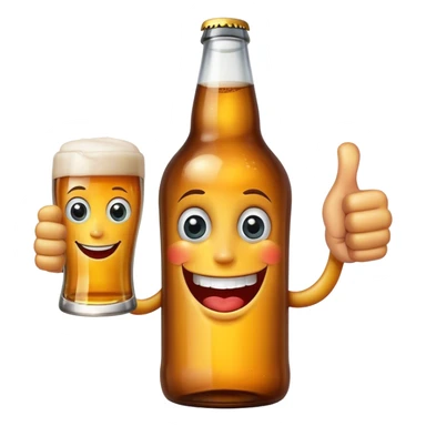 A beer bottle with a big smile and expressive eyes giving a thumbs-up sticker