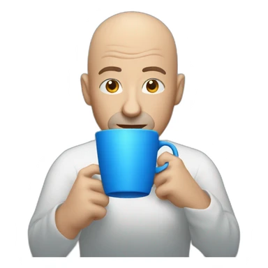 Bald man raising eyebrow, drinking from a blue cup sticker