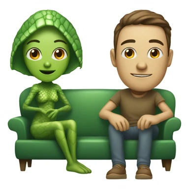 alien reptilian woman and humman man, sitting on a couch  sticker