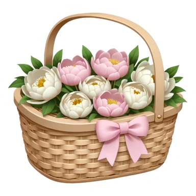 White Picnic basket with light pink bow and white peonies inside sticker