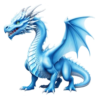 Cinematic Noble beautiful  Ice Dragon full body Emoji, Poised and imposing, distinct long elegant snout, with a slender, scaled body shimmering in glacial hues of icy blue, frostbitten silver, and crystalline white, breathing out frost, with piercing, glowing eyes that radiate the chilling depths of an arctic storm; rendered in detail. displaying its wings sticker