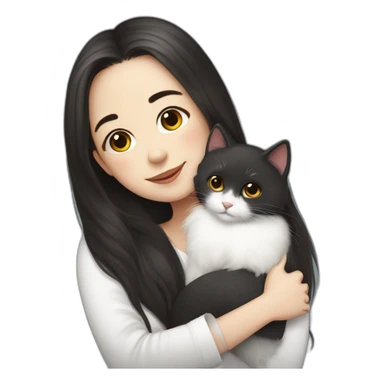 A girl with long dark hair and a white fluffy cat is lying on her left shoulder sticker