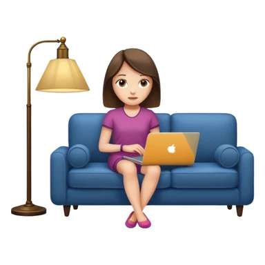 A girl is working with a laptop while lying on a sofa, with a floor lamp to the right. sticker