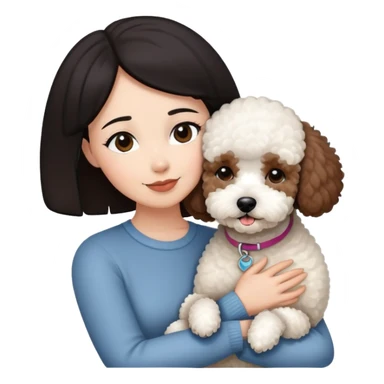 Woman with short black straight hair hugging a brown poodle and a white bichon frise sticker