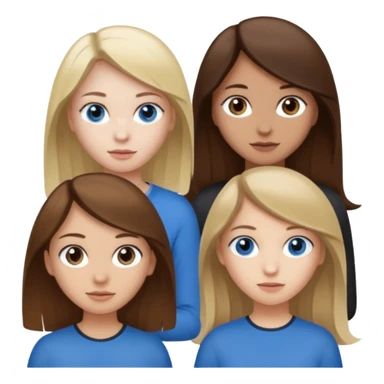 a group of 3 people where two are in the back one in the front -
1. Girl has white skin, brown hair, brown eyes
2. Girl has white skin, dirty blonde hair, blue eyes
3. Girl has tan skin, dark brown hair, dark brown eyes sticker