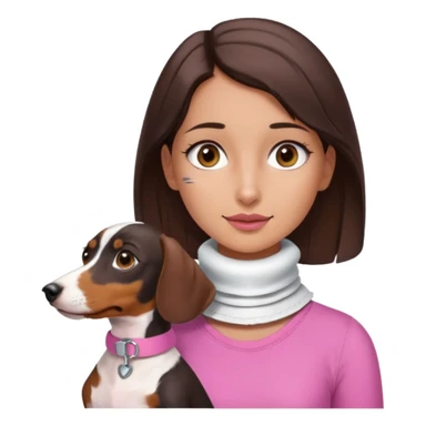 a brunette girl, olive skin, hazel eyes, pink top, neck brace on her neck because she’s injured , piebald dachshund next to her only brown and white sticker