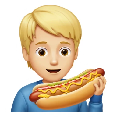 A boy taking a huge bite of a hot dog loaded with mustard and relish.





















 sticker