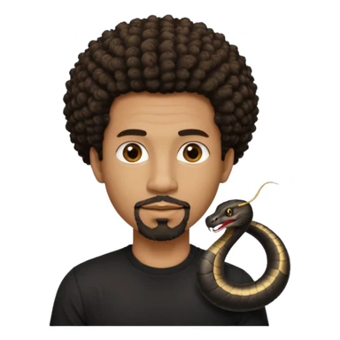 Homme noir, yeux marron avec un bouc sans la moustache, cheveux court et bouclé crépus avec un dégradé sur le côté, avec un cobra à côté , t-shirt noir  sticker