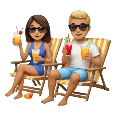 Use this image to design the faces of a young man and woman sitting in beach chairs talking with drinks in their hands on a lake dock  sticker