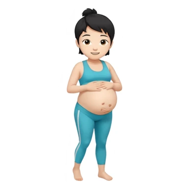 pregnant asian boy with short messy black hair wearing a sports bra with leggings holding his belly sticker