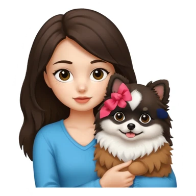 A brunette girl holding a Pomeranian dog who has black face but in the middle it’s white line sticker