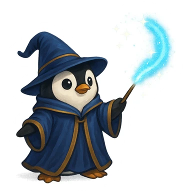 penguin wizard casting a spell, sparkles, wizard robe sticker