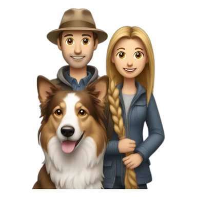 white family group consisting of man in hat and woman with long hair in ponytail and small birder collie dog sticker