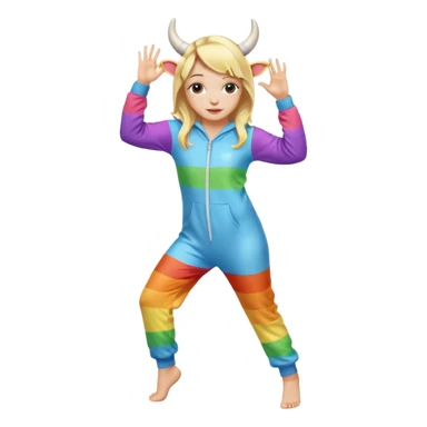 Cute blonde girl dancing legs in a rainbow onesie with cow horns  sticker