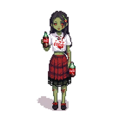 Generate an Asian girl, dark-haired, she's a zombie, wearing a skirt with lace, slightly torn,

Holding a bottle of Coca-Cola in her hands.

Background - a dark street in the style of Gotham City. sticker
