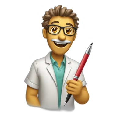 a cheerful smiley in a camelus of a scientist with a pen in his hands sticker