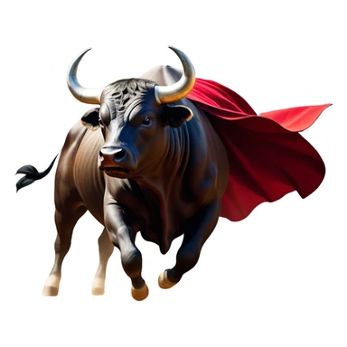 ​Cinematic Realistic black charging bull, against a matador depicted in a flowing red cape, captured in the dramatic moment of confronting a charging bull in a traditional bullring, rendered with dynamic motion and dramatic lighting that encapsulates the intensity and artistry of the spectacle, sticker