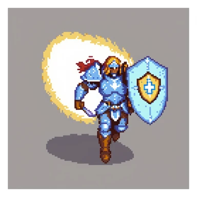 running paladin with glowing holy aura and shield sticker