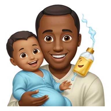 Sean “Diddy” Combs with baby oil and a very small infant and he’s pouring the baby oil on the infant that is laughing with a very exaggerated expression sticker