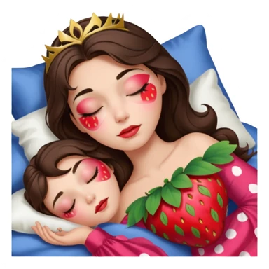 sleeping beauty brunette white girl with a silk pillow strawberry dress with her face painted strawberry sticker