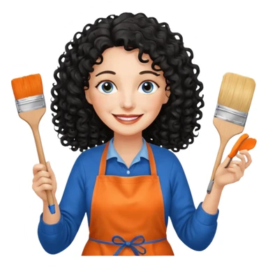 FEMME BLANCHE FRISÉ 60 ANS CHEVEUX NOIR FRISÉ ONDULÉ TRÈS  LONG , SOURIANTE AVEC CHANDAIL ORANGE ,   YEUX BLEU ET UN PINCEAU À LA MAIN LA MAIN AVEC 5 DOIGT SEULEMENT ET TABLIER sticker