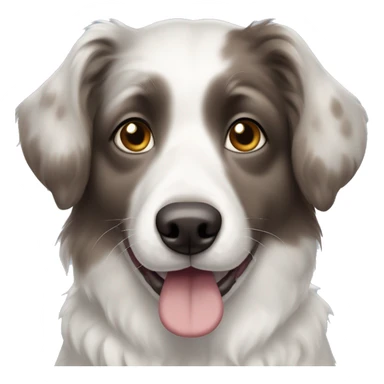 White aussiechon dog with heterochromia in both eyes, 75% blue and 25% brown. His fur is white throughout the body, his ears are a mix of mostly grey, brown and a bit of white. Make him smiling with his tongue out sticker