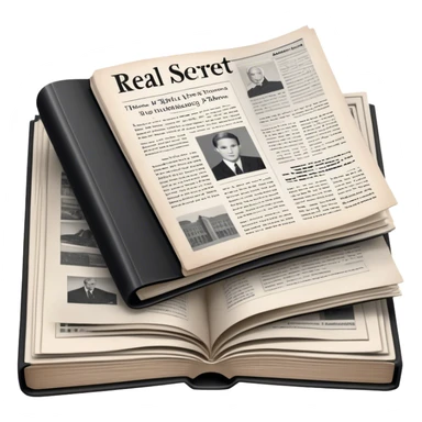 Icon for Non-Fiction & Narrative Reading: an open book with black-and-white photos on the pages, surrounded by a pile of newspaper clippings, and an open folder with top-secret documents. The icon should reflect the blend of real stories and facts in non-fiction literature. Transparent background. sticker