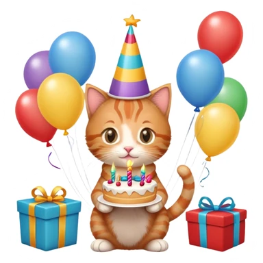 Ginger tabby kitten celebrates birthday, birthday hat, birthday cake, balloons, happy, gifts sticker