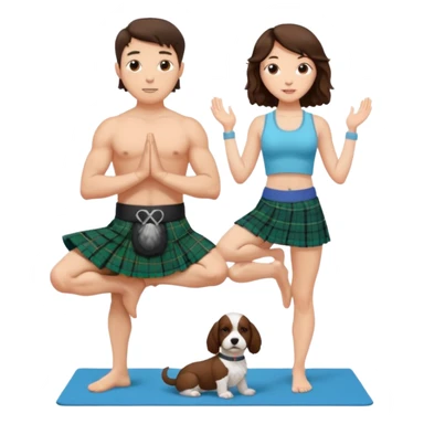 emoji of brunette man wearing kilt, brunette woman in yoga outfit and white cockapoo sticker