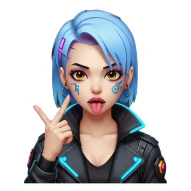 Woman with her tongue out in cyberpunk clothing and giving the middle finger. Looking naughty. sticker
