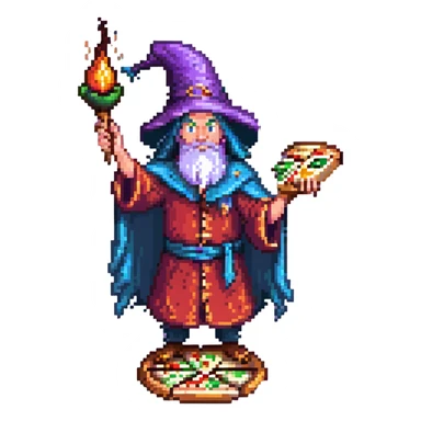 A wizard casting a spell over a pizza, vibrant colors, detailed and expressive. sticker