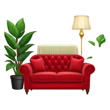 red velvet luxury loveseat with a mic in front, houseplant in back, and floor lamp in back; cozy living room vibes sticker