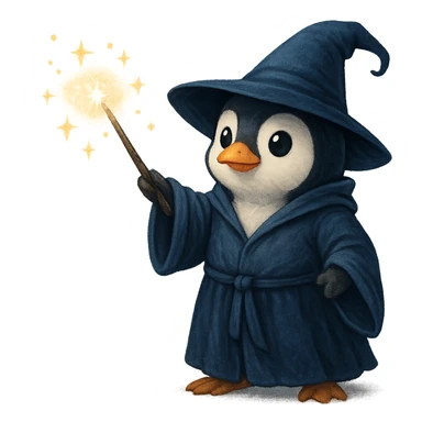 penguin wizard casting a spell with sparkles, wearing a robe sticker