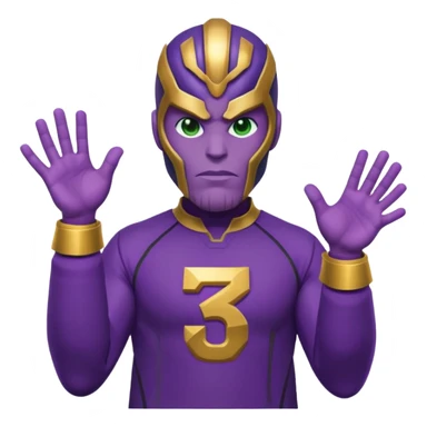 Emoji style T.O.P as Thanos, purple skin, powerful jaw, confident mischievous look, Squid Game Player 230 green tracksuit with number, subtle Infinity Gauntlet details on one hand, minimal, bold, bright, playful sticker