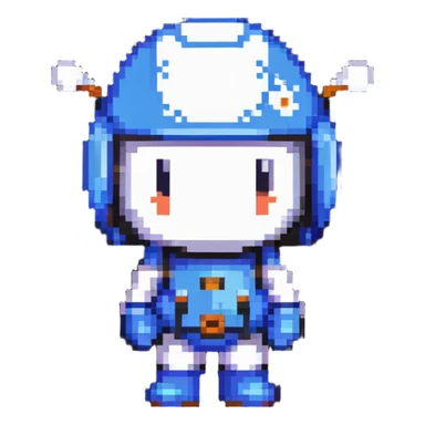 Classic bomberman character, blue and white colors, round helmet with antenna, cute pixel art style sticker