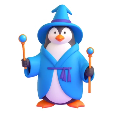 penguin wizard with a blue robe and magic wand sticker