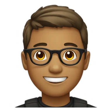 A smiling boy with short hair wearing black-rimmed round glasses sticker