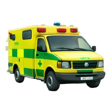 British NHS ambulance, yellow body, with green and yellow checkerboard print along the bottom. NHS logo on the side.  sticker