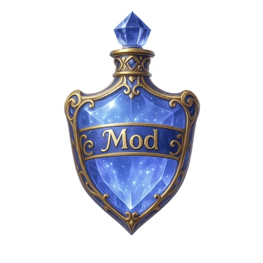 Crystal, exceptionally luxurious elixir bottle in shield shape, color #7986cb, with inscription 'Mod', enhanced glow, edges, ornaments, golden details, magical effects, unique shape accents, transparent background, beautiful seamless bottom, bottle clearly floating in air without base or shadow, very luxurious, modern, fits collection. sticker