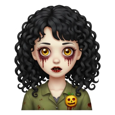 Emoji garota zombie com cabelo preto cacheado longo com franja cacheada sem volume sticker
