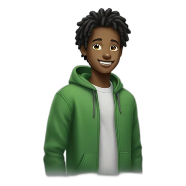 smiling black teenager boy with black locs wearing a green hoodie sticker