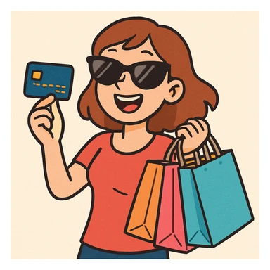 light skin woman with sunglasses, holding a credit card and shopping bags, cartoon style sticker