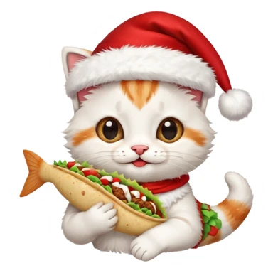 Happy Cute Kitten wearing a Santa hat and holding a fish taco  sticker