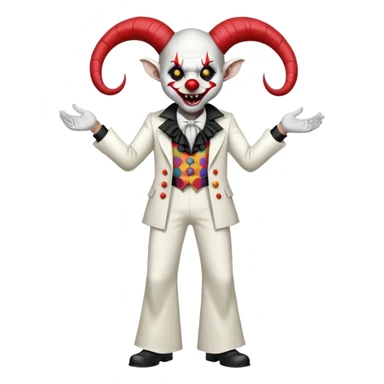 full-body demonic clown in a white leisure suit with bellbottom pants, bald, with black ram horns, flashy belt, ruffled shirt, no neck tie, large fangs in mouth sticker